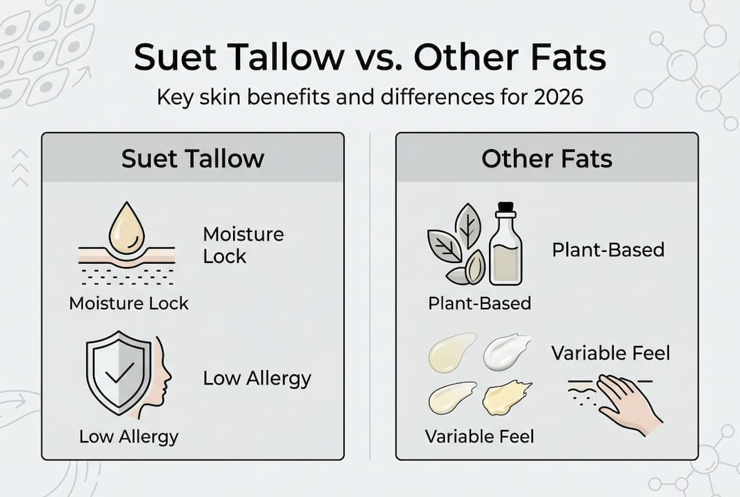 Infographic comparing Suet Tallow vs Other Fats, showing moisture lock and low allergy benefits of suet tallow
